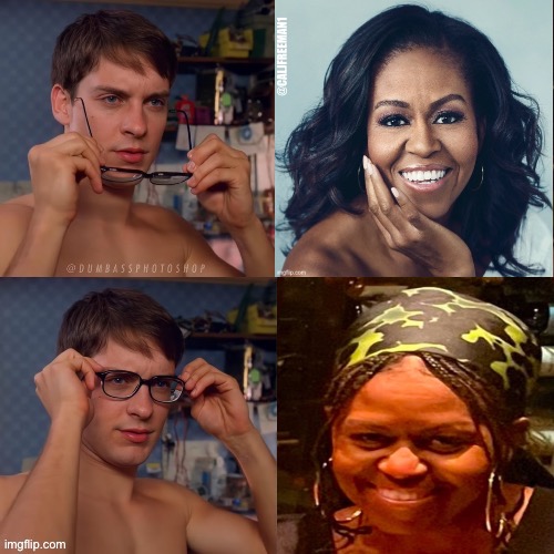 What happened to Michelle Obama? @dumbassphotoshp for template | @CALJFREEMAN1 | image tagged in barack obama,michelle obama,maga,spiderman glasses,joe biden,democrats | made w/ Imgflip meme maker