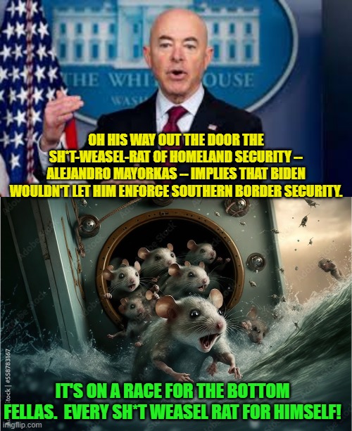 Gonna be some interesting tell-all books written about this administration. | OH HIS WAY OUT THE DOOR THE SH*T-WEASEL-RAT OF HOMELAND SECURITY -- ALEJANDRO MAYORKAS -- IMPLIES THAT BIDEN WOULDN'T LET HIM ENFORCE SOUTHERN BORDER SECURITY. IT'S ON A RACE FOR THE BOTTOM FELLAS.  EVERY SH*T WEASEL RAT FOR HIMSELF! | image tagged in yep | made w/ Imgflip meme maker