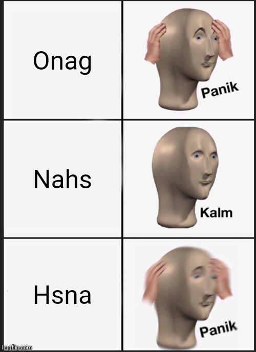 Hehsbsh | Onag; Nahs; Hsna | image tagged in memes,panik kalm panik | made w/ Imgflip meme maker