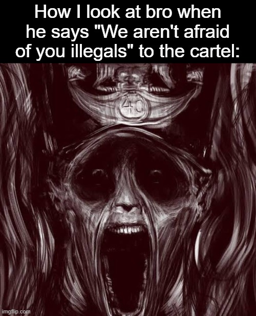 Based on a true story | How I look at bro when he says "We aren't afraid of you illegals" to the cartel: | image tagged in guts and blackpowder,memes,funny,mexico | made w/ Imgflip meme maker