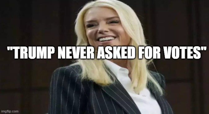 GIVE ME VOTE GIVE ME VOTE GIVE ME VOTES "pRuMP" | "TRUMP NEVER ASKED FOR VOTES" | image tagged in pathetic don,pam bondi is as dumb as a cow | made w/ Imgflip meme maker