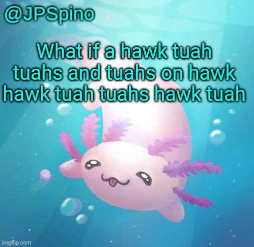 Random thing I made up | What if a hawk tuah tuahs and tuahs on hawk hawk tuah tuahs hawk tuah | image tagged in jpspino's axolotl temp updated | made w/ Imgflip meme maker