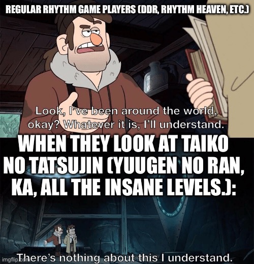 Relatable to some rhythm game players when they look at Taiko no Tatsujin: | REGULAR RHYTHM GAME PLAYERS (DDR, RHYTHM HEAVEN, ETC.); WHEN THEY LOOK AT TAIKO NO TATSUJIN (YUUGEN NO RAN, KA, ALL THE INSANE LEVELS.): | image tagged in look i've been around the world | made w/ Imgflip meme maker