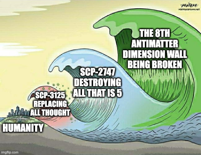 Bit of SCP, bit of my favorite game antimatter dimensions | THE 8TH ANTIMATTER DIMENSION WALL BEING BROKEN; SCP-2747 DESTROYING ALL THAT IS 5; SCP-3125 REPLACING ALL THOUGHT; HUMANITY | image tagged in tidal wave,scp,scp foundation,scp 2747,scp 3125,antimatter dimensions | made w/ Imgflip meme maker