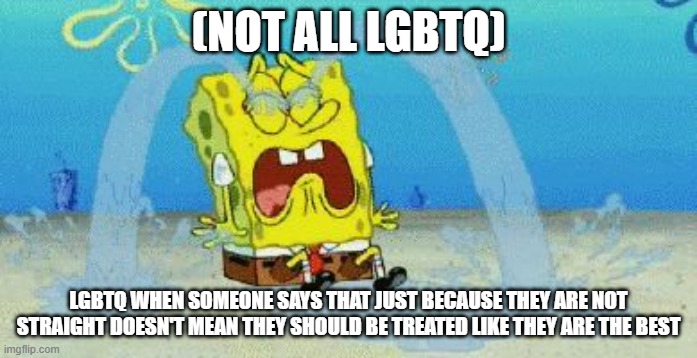 I'm not trying to be homophobic. Nor do I think this of all lgbtq. But someof he community IS like this. | (NOT ALL LGBTQ); LGBTQ WHEN SOMEONE SAYS THAT JUST BECAUSE THEY ARE NOT STRAIGHT DOESN'T MEAN THEY SHOULD BE TREATED LIKE THEY ARE THE BEST | image tagged in cryin,lgbtq,sorry not sorry,spongebob,gay,true | made w/ Imgflip meme maker