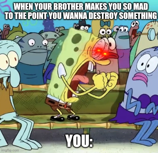 When your brother pisses u off | WHEN YOUR BROTHER MAKES YOU SO MAD TO THE POINT YOU WANNA DESTROY SOMETHING; YOU: | image tagged in spongebob yelling | made w/ Imgflip meme maker