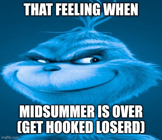 Blue Grinch | THAT FEELING WHEN MIDSUMMER IS OVER (GET HOOKED LOSERD) | image tagged in blue grinch | made w/ Imgflip meme maker