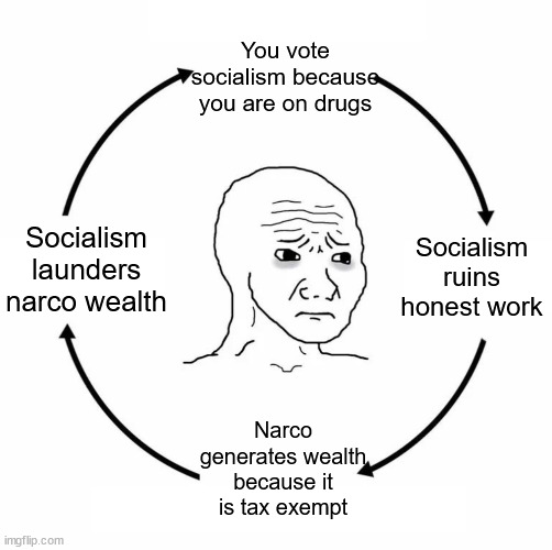 The cycle of narco-socialism and narco-terrorism | You vote socialism because you are on drugs; Socialism ruins honest work; Socialism launders narco wealth; Narco generates wealth because it is tax exempt | image tagged in sad wojak cycle,politics,memes,drugs,socialism | made w/ Imgflip meme maker