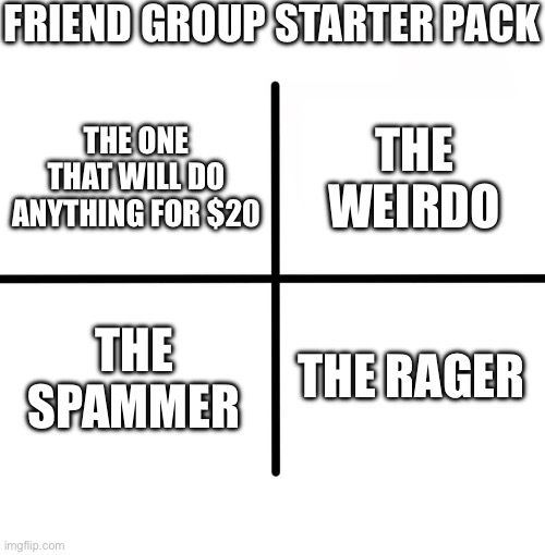 Average discord gc experience | FRIEND GROUP STARTER PACK; THE WEIRDO; THE ONE THAT WILL DO ANYTHING FOR $20; THE SPAMMER; THE RAGER | image tagged in memes,blank starter pack,friends,me and the boys | made w/ Imgflip meme maker