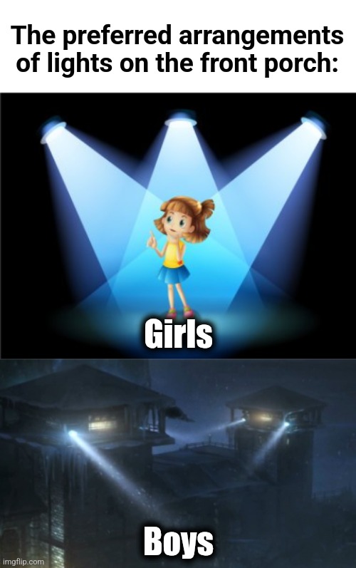 Totally true, whether you like it or not | The preferred arrangements
of lights on the front porch:; Girls; Boys | image tagged in memes,lights,front porch,boys,girls | made w/ Imgflip meme maker