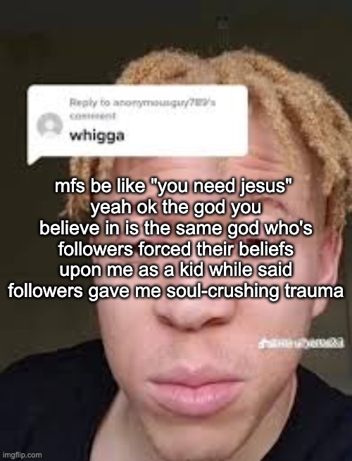 thanks man, im tooootally taking your advice | mfs be like "you need jesus" 
yeah ok the god you believe in is the same god who's followers forced their beliefs upon me as a kid while said followers gave me soul-crushing trauma | image tagged in whigga | made w/ Imgflip meme maker