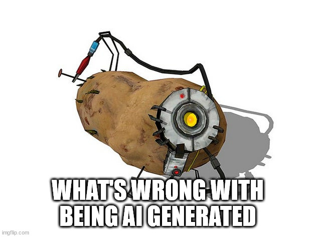 WHAT'S WRONG WITH BEING AI GENERATED | image tagged in potato glados | made w/ Imgflip meme maker