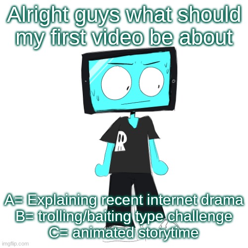 IcyXD concerned | Alright guys what should my first video be about; A= Explaining recent internet drama
B= trolling/baiting type challenge
C= animated storytime | image tagged in icyxd concerned | made w/ Imgflip meme maker