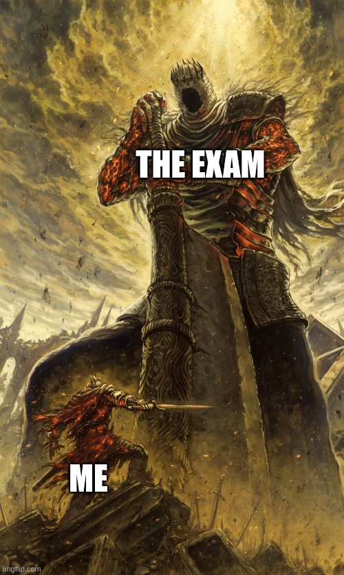 Yhorm Dark Souls | THE EXAM; ME | image tagged in yhorm dark souls | made w/ Imgflip meme maker