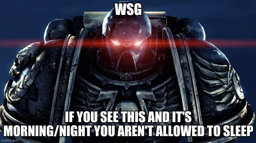 you can ask to be spared, but my answer depends on you. you're welcome :3 | WSG; IF YOU SEE THIS AND IT'S MORNING/NIGHT YOU AREN'T ALLOWED TO SLEEP | image tagged in space marines | made w/ Imgflip meme maker