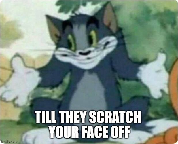 Tom Shrugging | TILL THEY SCRATCH 
YOUR FACE OFF | image tagged in tom shrugging | made w/ Imgflip meme maker