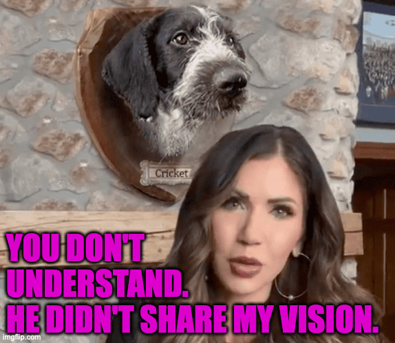 Kristi Noem Cricket mounted head Trump election | YOU DON'T
UNDERSTAND.
HE DIDN'T SHARE MY VISION. | image tagged in kristi noem cricket mounted head trump election | made w/ Imgflip meme maker