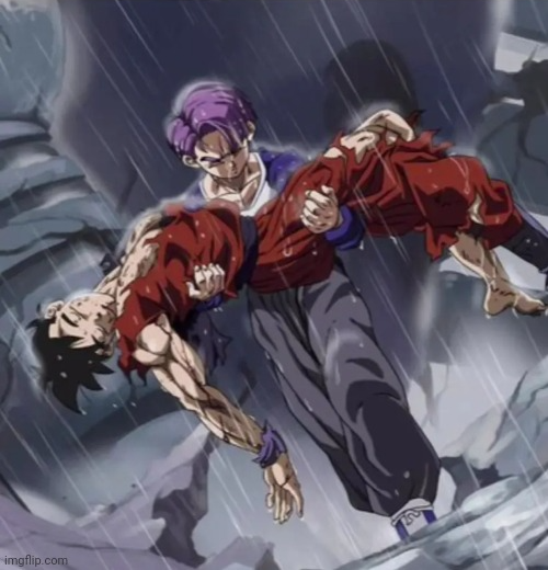 Trunks holding Gohan in rain Blank Meme Template