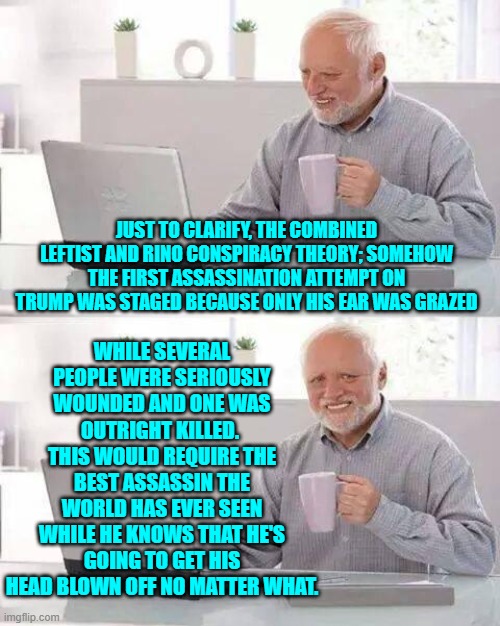 This is way sane and intelligent people no longer take RINOS and Leftists seriously. | WHILE SEVERAL PEOPLE WERE SERIOUSLY WOUNDED AND ONE WAS OUTRIGHT KILLED.  THIS WOULD REQUIRE THE BEST ASSASSIN THE WORLD HAS EVER SEEN WHILE HE KNOWS THAT HE'S GOING TO GET HIS HEAD BLOWN OFF NO MATTER WHAT. JUST TO CLARIFY, THE COMBINED LEFTIST AND RINO CONSPIRACY THEORY; SOMEHOW THE FIRST ASSASSINATION ATTEMPT ON TRUMP WAS STAGED BECAUSE ONLY HIS EAR WAS GRAZED | image tagged in hide the pain harold | made w/ Imgflip meme maker