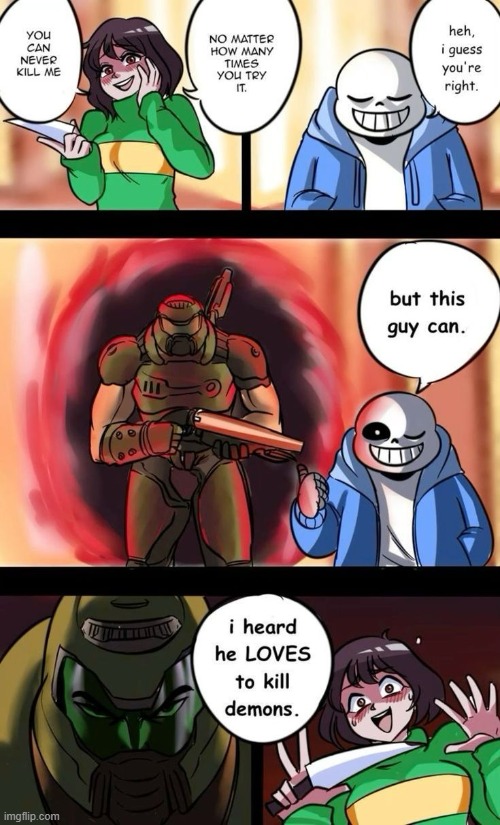 Comic not mine bruh (Oh god Chara's dead) | image tagged in comic not mine,undertale,doom guy,chara,dead | made w/ Imgflip meme maker