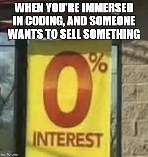 When you're immersed in coding, and someone wants to sell something | WHEN YOU'RE IMMERSED IN CODING, AND SOMEONE WANTS TO SELL SOMETHING | image tagged in 0 interest,developer,coding,webdev,entrepreneur | made w/ Imgflip meme maker