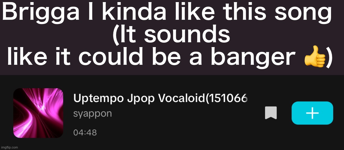 Brigga I kinda like this song 
(It sounds like it could be a banger 👍) | made w/ Imgflip meme maker
