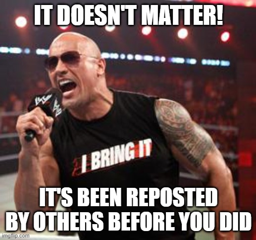 IT DOESN'T MATTER! IT'S BEEN REPOSTED BY OTHERS BEFORE YOU DID | image tagged in the rock it doesn't matter | made w/ Imgflip meme maker