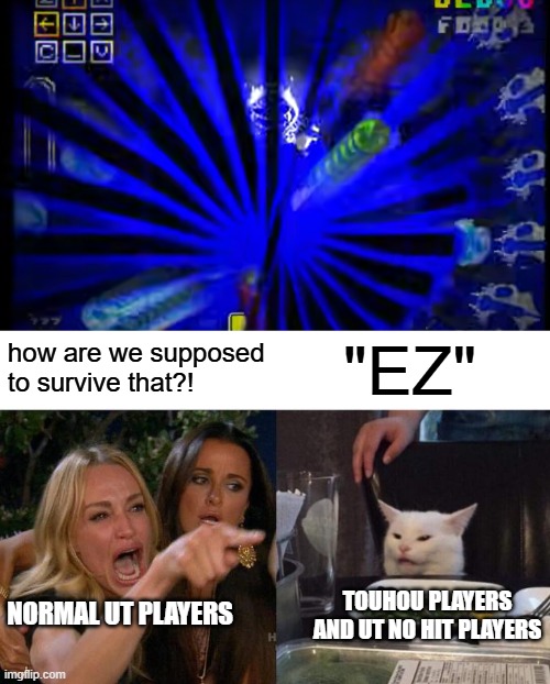 bruh | how are we supposed to survive that?! "EZ"; TOUHOU PLAYERS AND UT NO HIT PLAYERS; NORMAL UT PLAYERS | image tagged in memes,woman yelling at cat,error 404 sans,fight,touhou,player | made w/ Imgflip meme maker