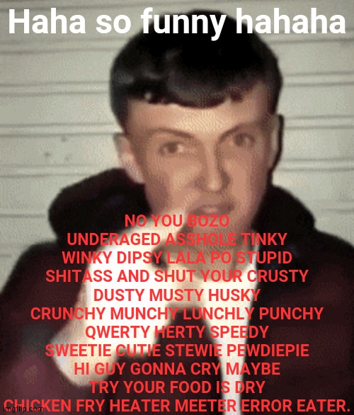 mad british guy | Haha so funny hahaha NO YOU BOZO UNDERAGED ASSHOLE TINKY WINKY DIPSY LALA PO STUPID SHITASS AND SHUT YOUR CRUSTY DUSTY MUSTY HUSKY CRUNCHY M | image tagged in mad british guy | made w/ Imgflip meme maker