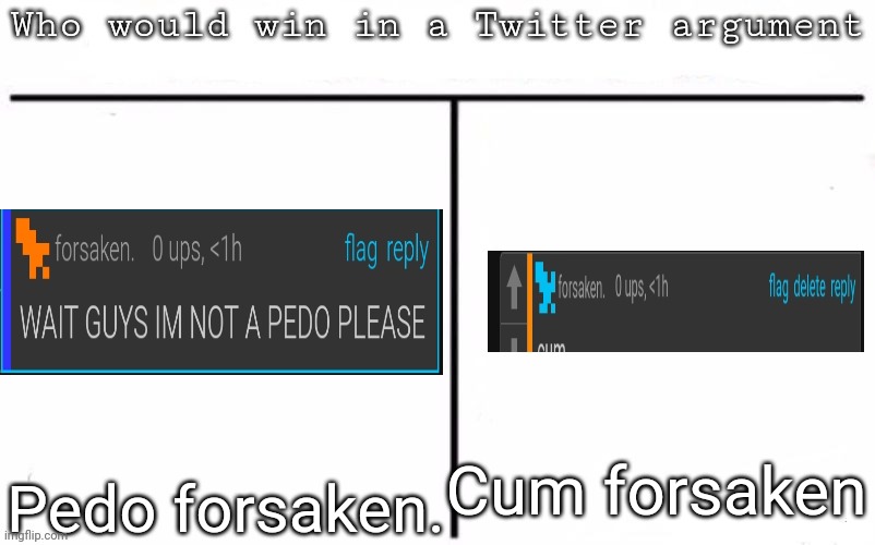 Pitting random mfs against each other | Cum forsaken; Pedo forsaken. | image tagged in pitting random mfs against each other,msmg,memes | made w/ Imgflip meme maker