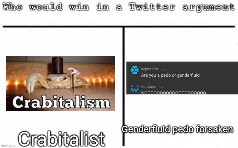 Pitting random mfs against each other | Genderfluid pedo forsaken; Crabitalist | image tagged in pitting random mfs against each other,msmg,memes | made w/ Imgflip meme maker