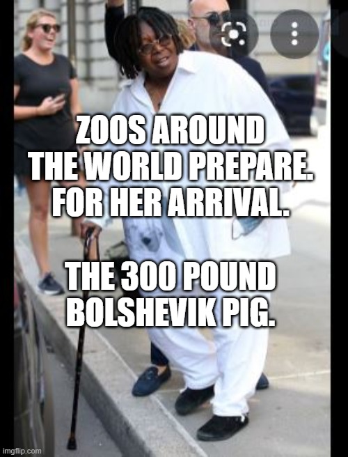 whoopi goldberg | ZOOS AROUND THE WORLD PREPARE. FOR HER ARRIVAL. THE 300 POUND BOLSHEVIK PIG. | image tagged in whoopi goldberg | made w/ Imgflip meme maker