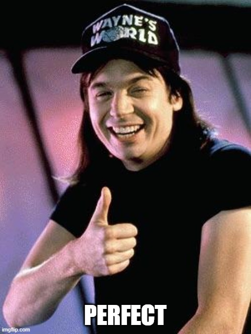 Wayne's world  | PERFECT | image tagged in wayne's world | made w/ Imgflip meme maker