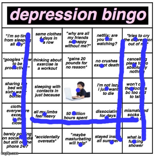 Depression bingo | image tagged in depression bingo | made w/ Imgflip meme maker