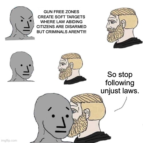 Chad approaching npc | GUN FREE ZONES CREATE SOFT TARGETS WHERE LAW ABIDING CITIZENS ARE DISARMED BUT CRIMINALS AREN'T!!! So stop following unjust laws. | image tagged in chad approaching npc | made w/ Imgflip meme maker