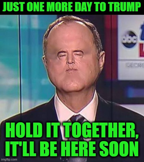 Adam Schiff | JUST ONE MORE DAY TO TRUMP; HOLD IT TOGETHER, IT'LL BE HERE SOON | image tagged in adam schiff | made w/ Imgflip meme maker