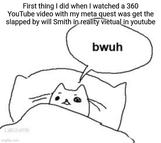 Bwuh | First thing I did when I watched a 360 YouTube video with my meta quest was get the slapped by will Smith in reality vietual in youtube | image tagged in bwuh | made w/ Imgflip meme maker