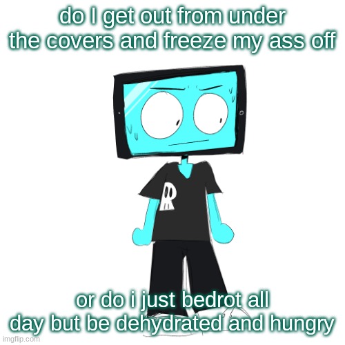 IcyXD concerned | do I get out from under the covers and freeze my ass off; or do i just bedrot all day but be dehydrated and hungry | image tagged in icyxd concerned | made w/ Imgflip meme maker