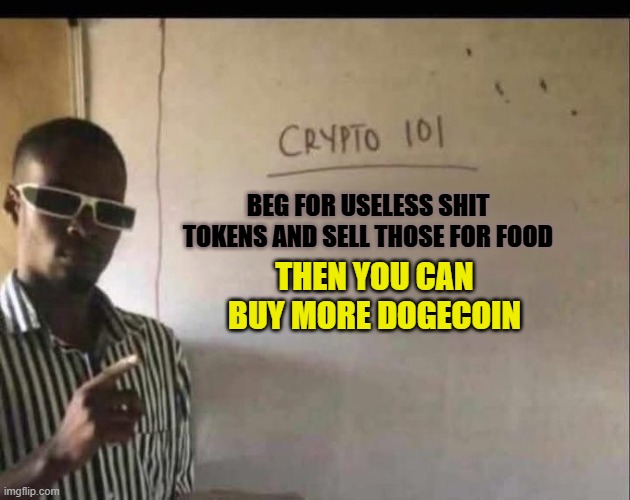 crypto 101 | BEG FOR USELESS SHIT TOKENS AND SELL THOSE FOR FOOD; THEN YOU CAN BUY MORE DOGECOIN | image tagged in funny memes,cryptocurrency,crypto,memes | made w/ Imgflip meme maker