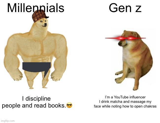 Buff Doge vs. Cheems | Millennials; Gen z; I discipline  people and read books.😎; I’m a YouTube influencer I drink matcha and massage my face while noting how to open chakras | image tagged in memes,buff doge vs cheems | made w/ Imgflip meme maker