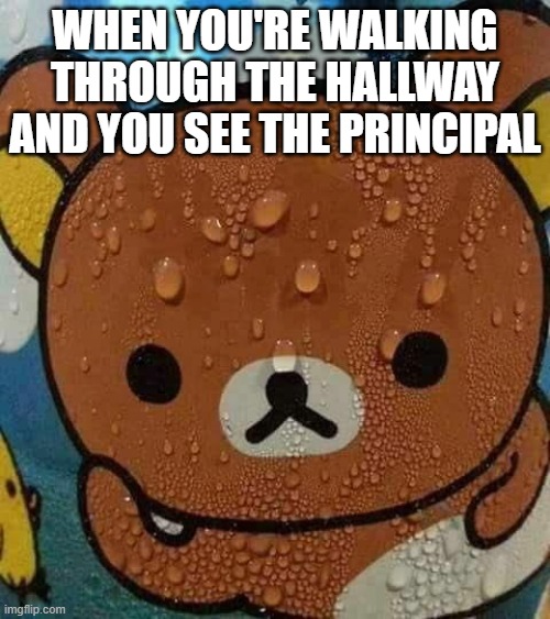 I can't explain why this was so stressful. It just was. | WHEN YOU'RE WALKING THROUGH THE HALLWAY AND YOU SEE THE PRINCIPAL | image tagged in sweat bear,memes,school,high school | made w/ Imgflip meme maker