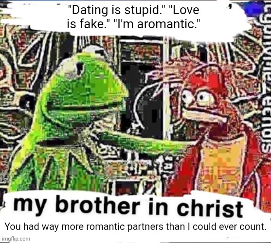 Somebody's lore | "Dating is stupid." "Love is fake." "I'm aromantic."; You had way more romantic partners than I could ever count. | image tagged in my brother in christ,definitely somebody's lore | made w/ Imgflip meme maker