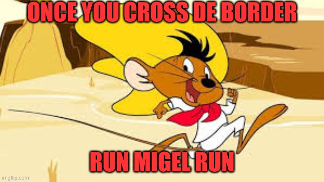 Speedy Gonzales | ONCE YOU CROSS DE BORDER RUN MIGEL RUN | image tagged in speedy gonzales | made w/ Imgflip meme maker