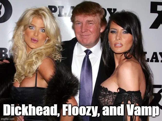 Blockhead, Floozy, And Vamp | Dickhead, Floozy, and Vamp | image tagged in trump,melania,a member of the harem,satan comes disguised as an angel of light | made w/ Imgflip meme maker