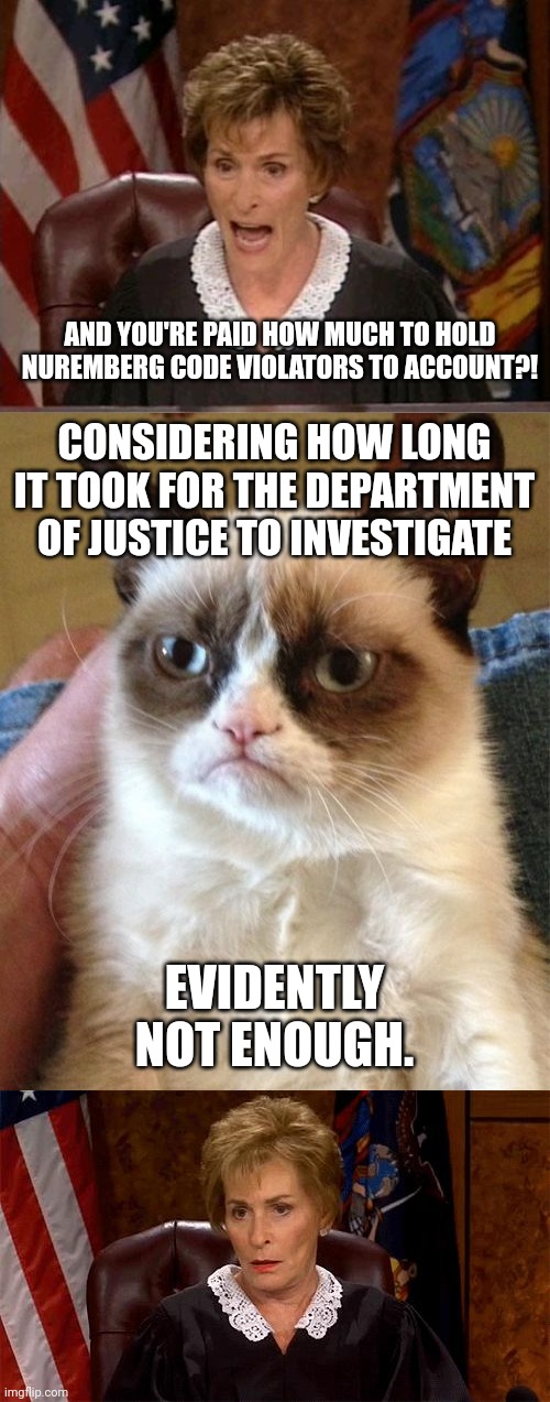 AND YOU'RE PAID HOW MUCH TO HOLD NUREMBERG CODE VIOLATORS TO ACCOUNT?! CONSIDERING HOW LONG IT TOOK FOR THE DEPARTMENT OF JUSTICE TO INVESTIGATE; EVIDENTLY NOT ENOUGH. | image tagged in judge judy,memes,grumpy cat,judge judy unimpressed | made w/ Imgflip meme maker