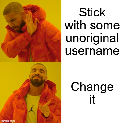 I did a name change | Stick with some unoriginal username; Change it | image tagged in memes,drake hotline bling,imgflip users,imgflip,usernames | made w/ Imgflip meme maker