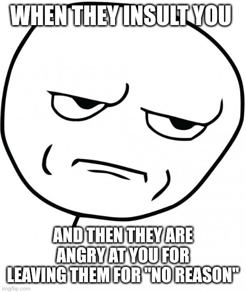 They are crazy. | WHEN THEY INSULT YOU; AND THEN THEY ARE ANGRY AT YOU FOR LEAVING THEM FOR "NO REASON" | image tagged in seriously,seriously wtf,hell no | made w/ Imgflip meme maker