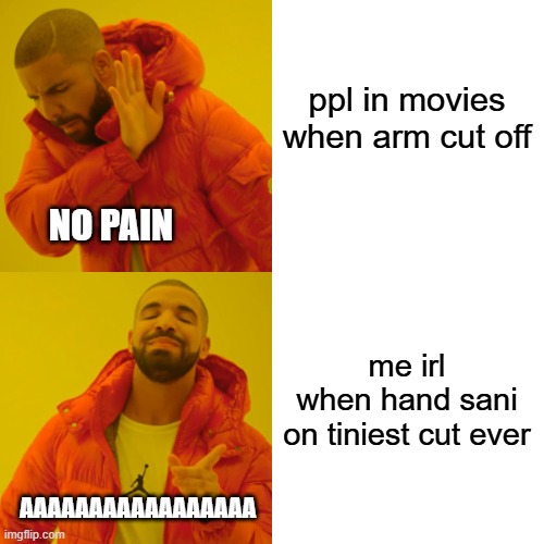 Drake Hotline Bling Meme | ppl in movies
when arm cut off me irl
when hand sani
on tiniest cut ever NO PAIN AAAAAAAAAAAAAAAAA | image tagged in memes,drake hotline bling | made w/ Imgflip meme maker