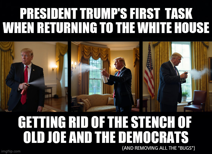 Cleaning House (Literally) | PRESIDENT TRUMP'S FIRST  TASK
WHEN RETURNING TO THE WHITE HOUSE; GETTING RID OF THE STENCH OF 
OLD JOE AND THE DEMOCRATS; (AND REMOVING ALL THE "BUGS") | image tagged in memes,president trump,potus47,white house,stinky,political meme | made w/ Imgflip meme maker