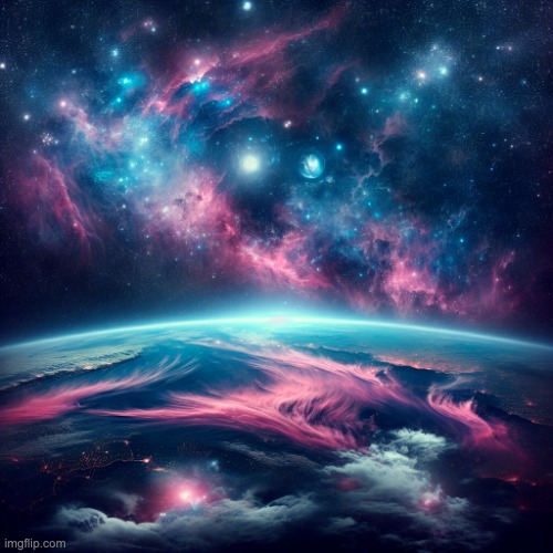 space, filled with stars and pink clouds at the bottom | image tagged in space filled with stars and pink clouds at the bottom | made w/ Imgflip meme maker